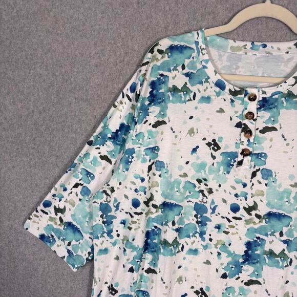 Abstract Watercolor Tunic Top 2X Blue Green Henley Thin Jersey Stretch Artsy - Picture 4 of 12